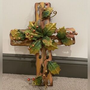 Decorative Holiday Cross with Holly Leaves and Berries